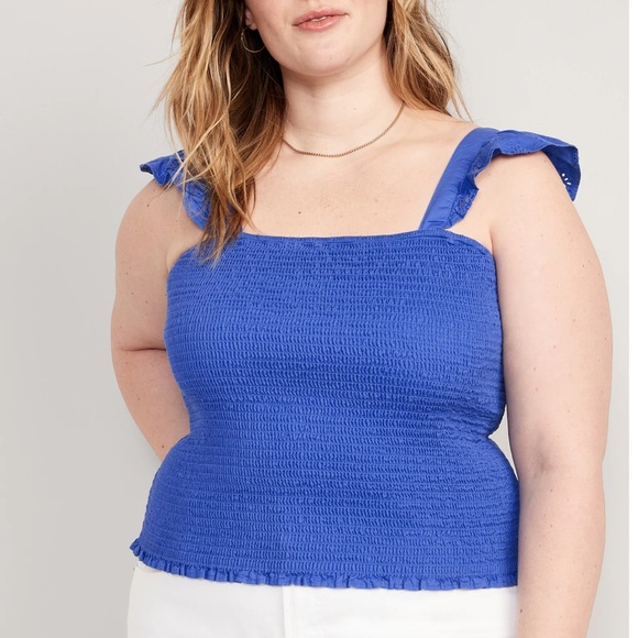NWT OLD NAVY Fitted Ruffle-Trim Smocked Cropped Top Color: Batik Blue - Picture 5 of 8